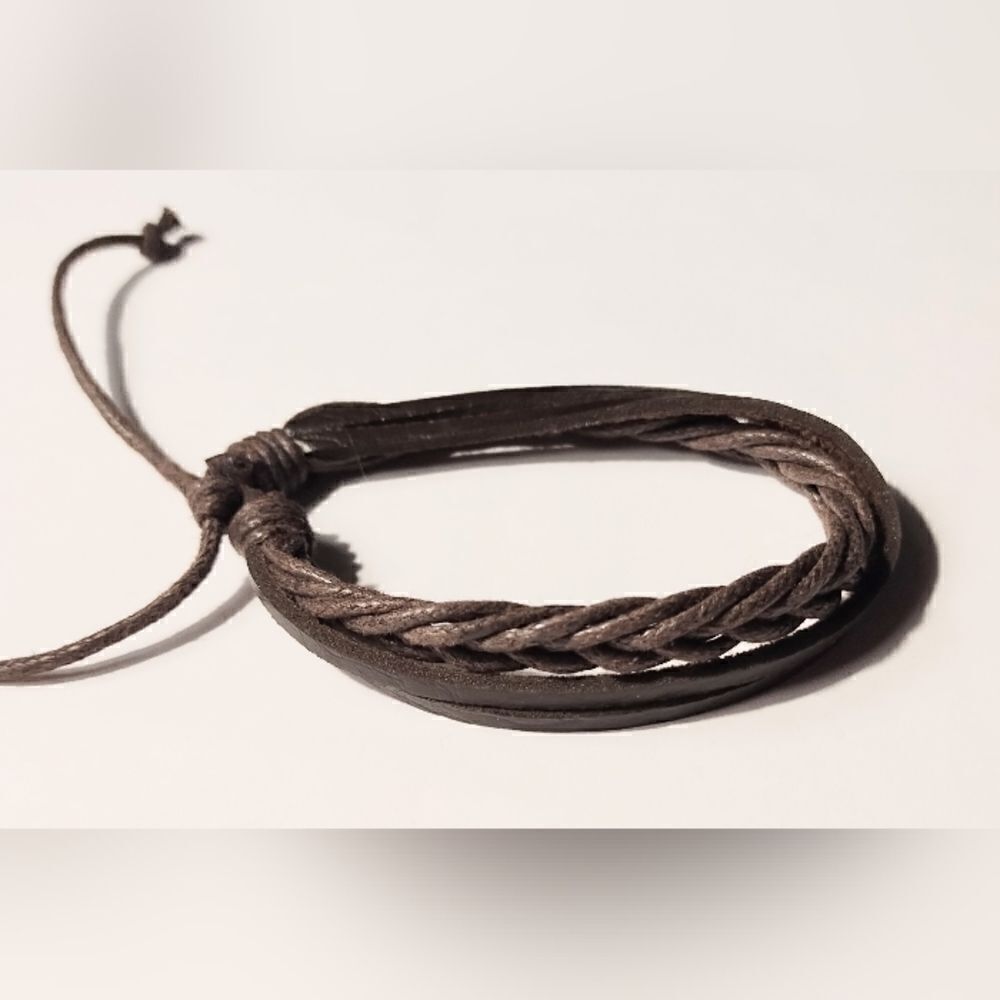 Men's bracelet leather braided layered brown new d46